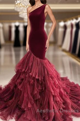 Burgundy Tulle Velvet Long Mermaid Dresses Formal Evening Prom Dresses